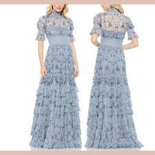 NWT MAC DUGGAL [ 10 ] 8005 Embroidered Floral Tiered Smock Neck Gown Blue J2393