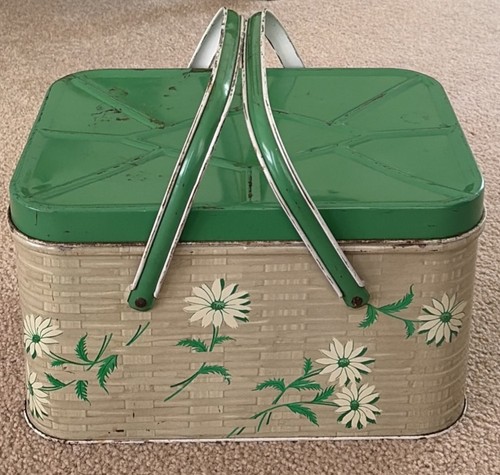 Vintage Green Metal White Daisies Handled Picnic Basket Storage Bread Box