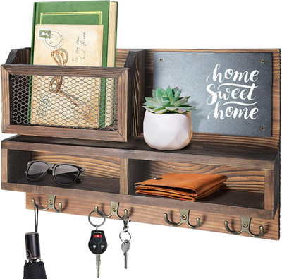 Wall-Mounted Key and Mail Organizer with Hooks, Chalkboard, and Storage Solution