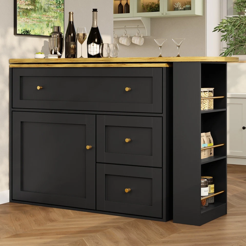 KITCHEN ISLAND EXTENDABLE BAR TABLE WITH STORAGE CABINET SIDEBOARD BISTRO TABLE - Image 3 of 4