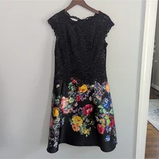 Women's Teri Jon Rickie Freeman 6 Black Lace Illusion Floral Dress Colorful