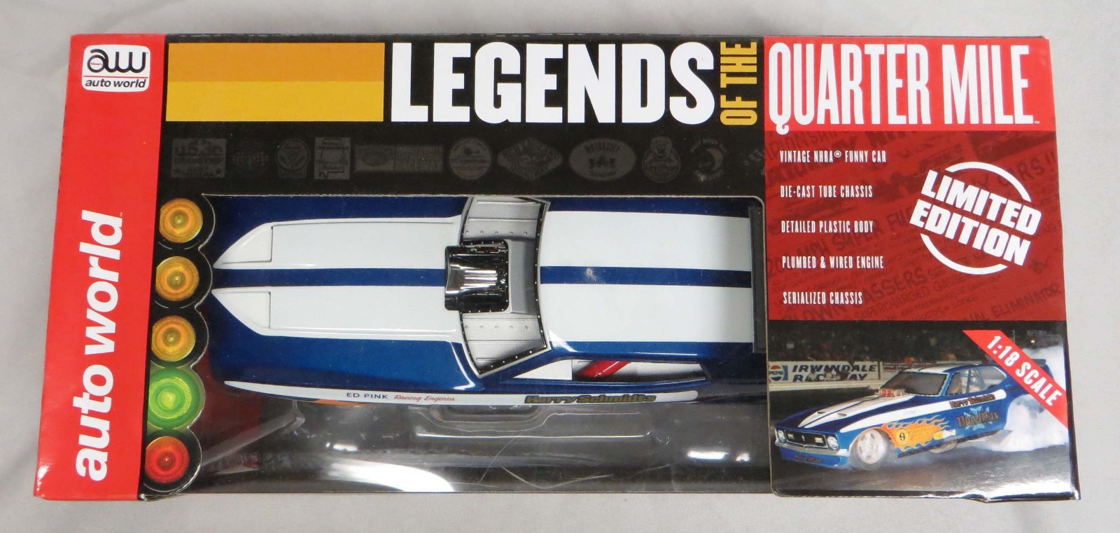 Auto World Blue Max "Legends of the Quarter Mile" 71' Ford Mustang 1/18 MIB
