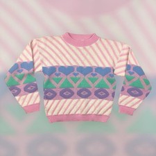 VTG 80s 90s HG Kids Embroidered Knit Cute Heart Sweater YOUTH L Multicolor Rare