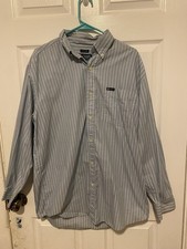 Chaps Easy Care Blue/White Striped Button-Down Collared Dress Shirt Men s L