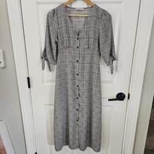 Mango Grey Plaid Button Front V-Neck Midi Dress Tie Sleeve Sz 2 Fall Cottagecore