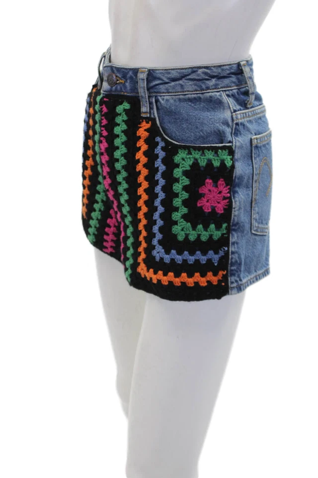 Pantalones cortos de mezclilla Farm Rio para mujer de algodón de cintura alta a ganchillo azul talla 24 Foto 2 de 4