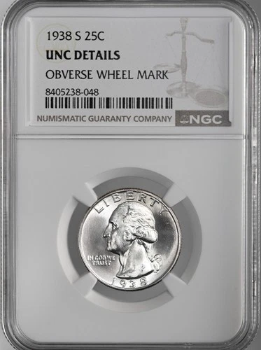 1938-S 25C WASHINGTON SILVER QUARTER NGC UNC DETAILS OBV WHEEL MARK #8405238-048