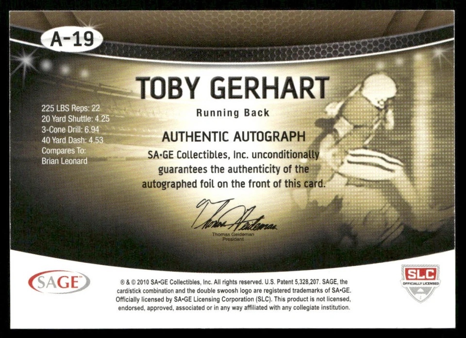 Toby Gerhart 2010 SAGE Autographs Silver #A-19 AU SN Stanford Cardinal /400 - Image 2 of 2
