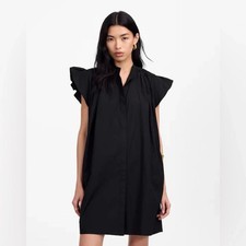 Madewell Black Short Flutter Sleeve Button Front Poplin Midi Dress L NWT
