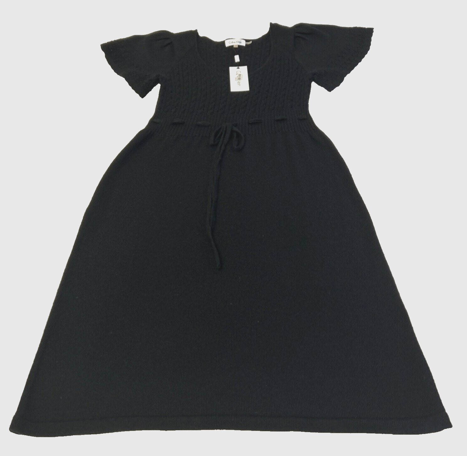 Calvin Klein Sweater Dress Wool Blend Women's Sz S Black Short Sleeve Tie Waist