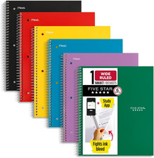 Spiral Notebook  Study App, 6 Pack, 1 Subject, Wide Ruled Paper, 8" x 10-1/2",