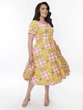 Unique Vintage Pink Gingham Barbie Core & Citrus Lemons Picnic Swing Dress XL