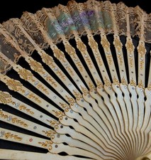 Fine Antique 19th Museum Quality French Hand Painted Tulle Embroidered Fan C1860