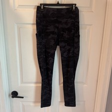 Black Blue Gray High Rise Ankle Leggings Women's Sz L Camouflage Stretch