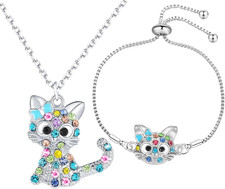 Lovely Rainbow Rhinestone Cat Jewelry Set For Girls Pendant Necklace For Girl