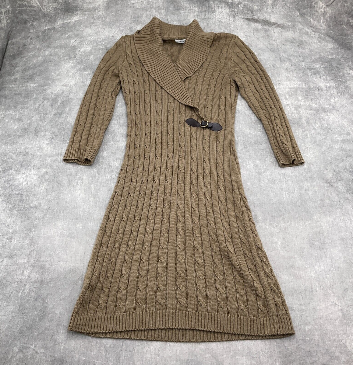 Calvin Klein Dress Women Medium Brown Toggle Wrap Cable Knit Sweater Classic