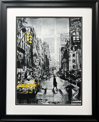 Loui Jover ''Brooklyn Cab'' CUSTOM FRAMED Art Abstract  Rain