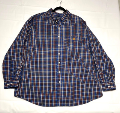 US Polo Assn Mens Sz XLT Pocket Long Sleeve Shirt Blue Plaid Button Yellow Pony