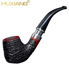 MUXIANG Sandblasted Briar Wooden Tobacco Pipe 9mm Filter Cumberland Stem Black