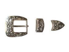Nickel Western Cowboy Belt Buckle Set of 3 - Flowers - Fits 1" Belt