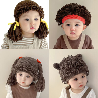 Baby Knitted Pigtail Wig Beanie Hat Kids Crocheted Cabbage Hat