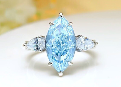8ct Haze Blue Lab Grown Blue Diamond Ring, 18K Gold Vermeil Crushed Ice