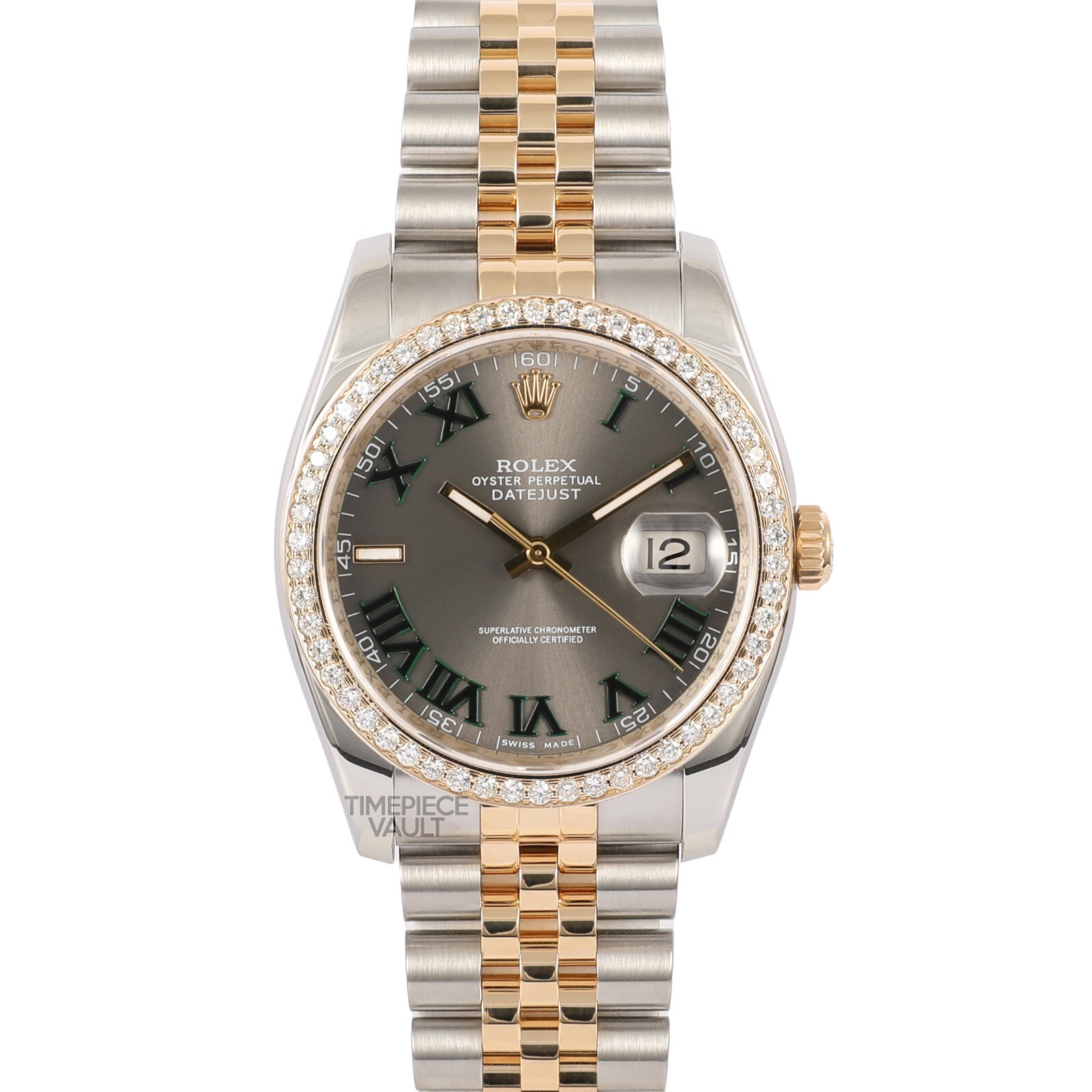 Rolex Datejust 116233 18k Gold/SS 36mm-Custom Gray Wimbledon Dial-Diamond Bezel