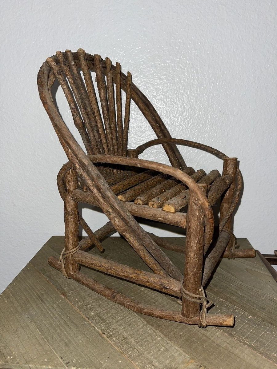 Rustic Bent Wood Stick Twig Doll Arm Rocking Chair Seat Folk Art Furniture Vtg