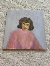 Mid Century MCM Hand Painted Young Black Girl On Board Pink Purple Sweater