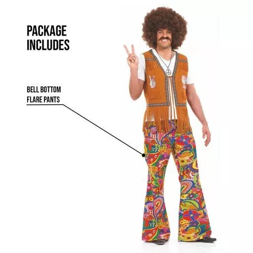 Mens Flared Hippie Paisley Pants for Adult 60s Hippy Costume M-XL Halloween - Image 3 of 4