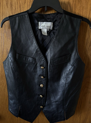 Vintage Erez Levy Black Leather Vest V Neck Goldtone Buttons Women's Size Medium