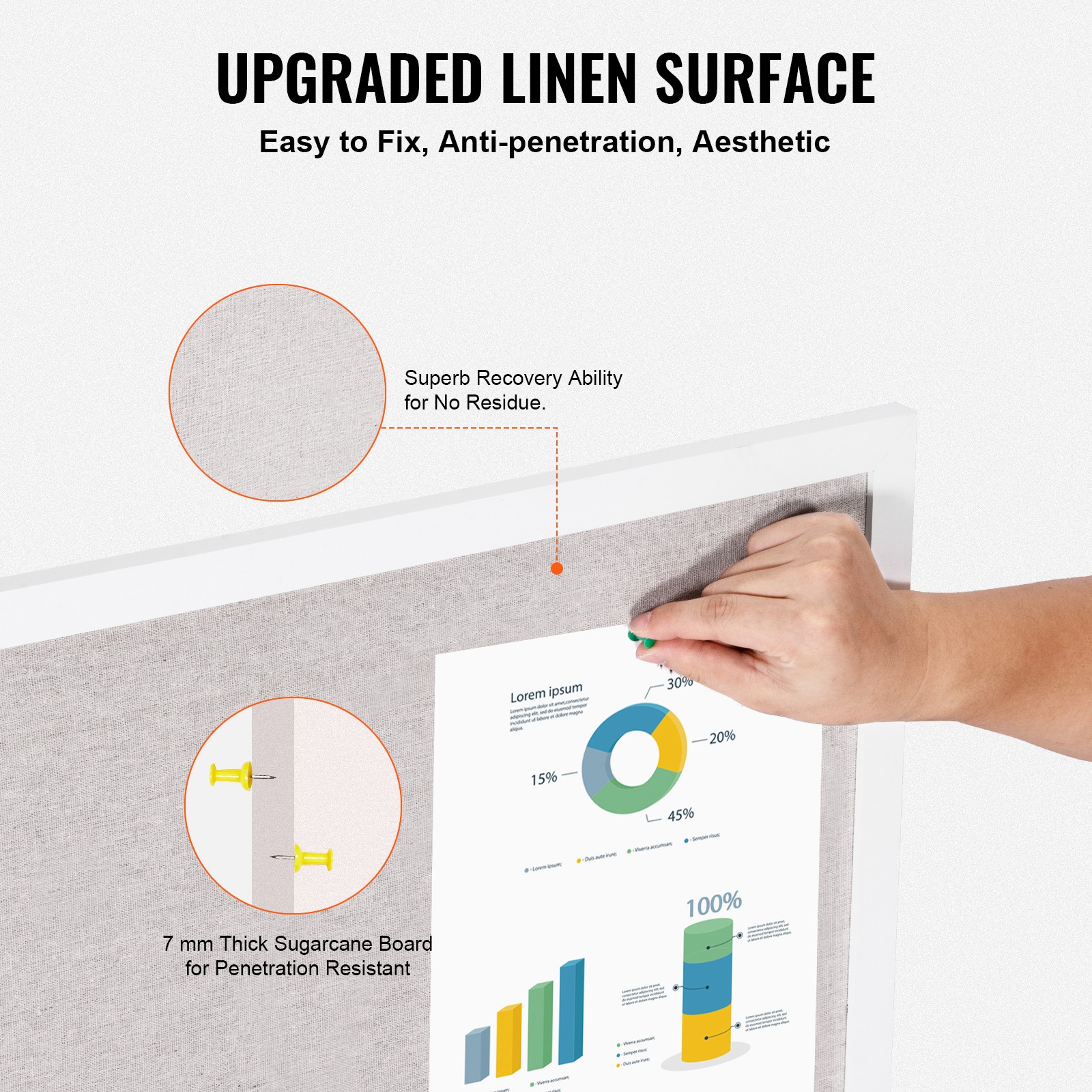 Uimoso 36"x24" White Cork Board with Linen Surface Wall-Mounted Bulletin Board