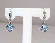 14K White Gold Blue Topaz & Diamond Earrings 7/8" Long