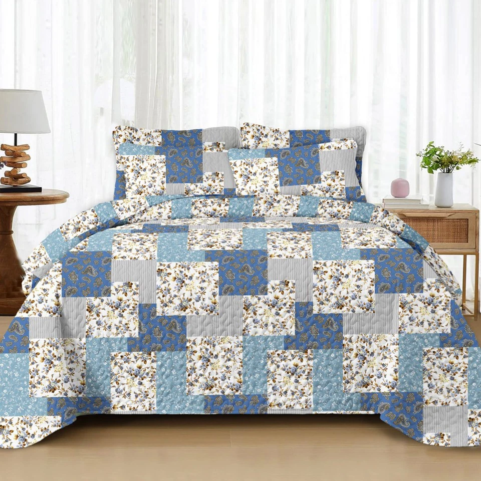 4 Season Floral Quilt Set Reversible Rustic Quilts Patchwork Coverlet Bedspreads - Image 2 of 4