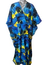 ROYAL CREATIONS Hawaiian MuuMuu Blu Floral Kimono Maxi Dress Kaftan One Size Vtg