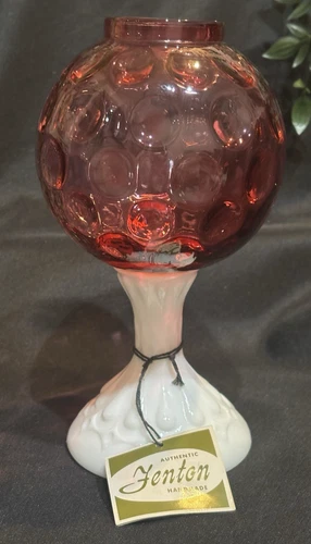 Vintage Fenton Ivy Vase Cranberry Coin Dot Glass White Milk Glass Teardrop Base