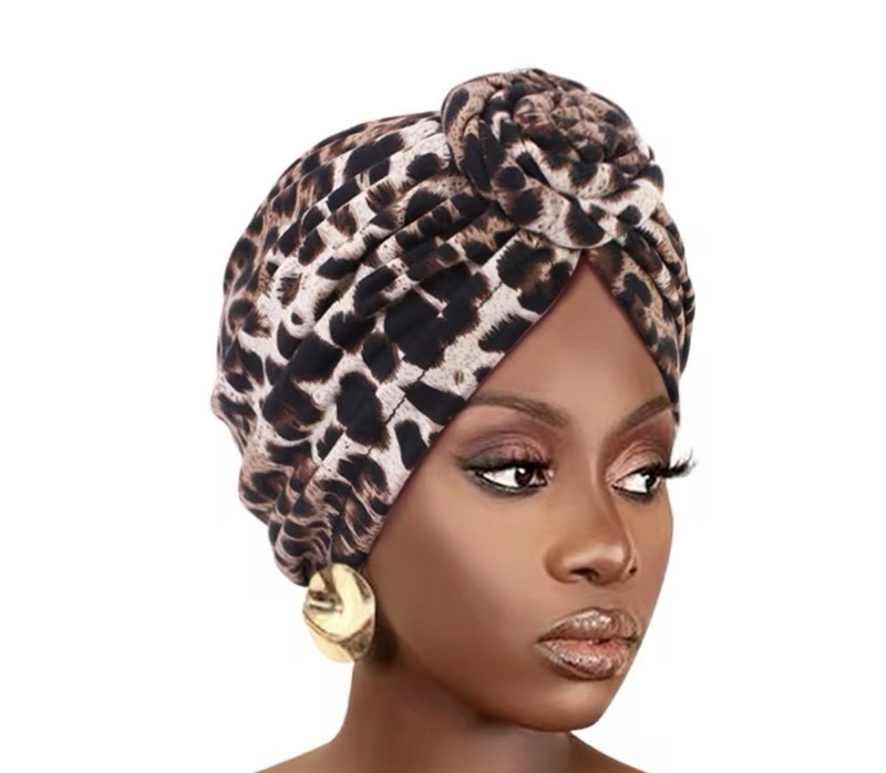 Women’s Black Beige Leopard Animal Print Turban Headwrap Hat w/ Twist, One Size