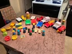 Large Lot of 34 Vintage Fisher Price Little People, Vehicles, Furniture 1960's