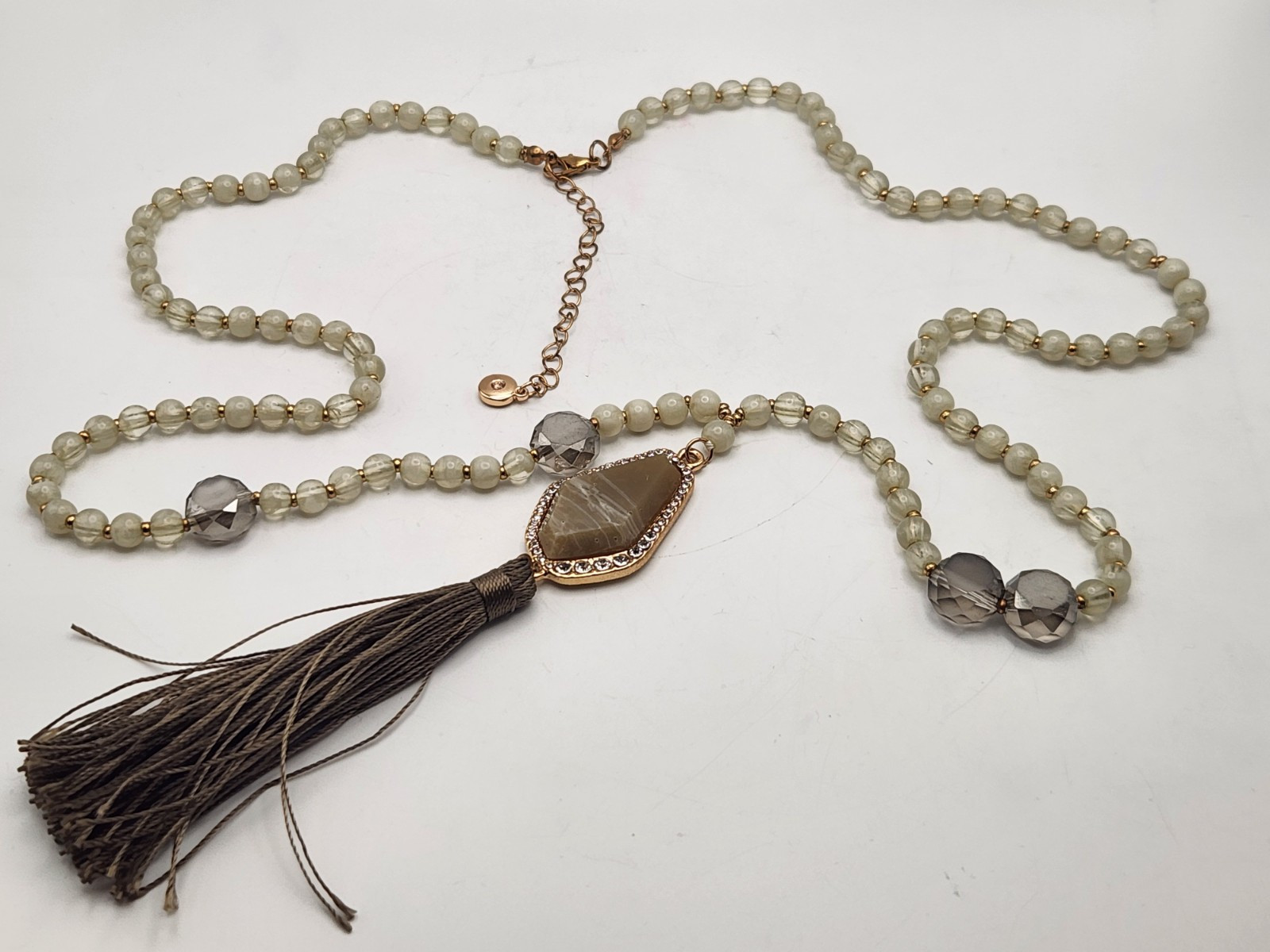 Signed C1946 Agate Stone Bead And Rhinestone Frin… - image 1