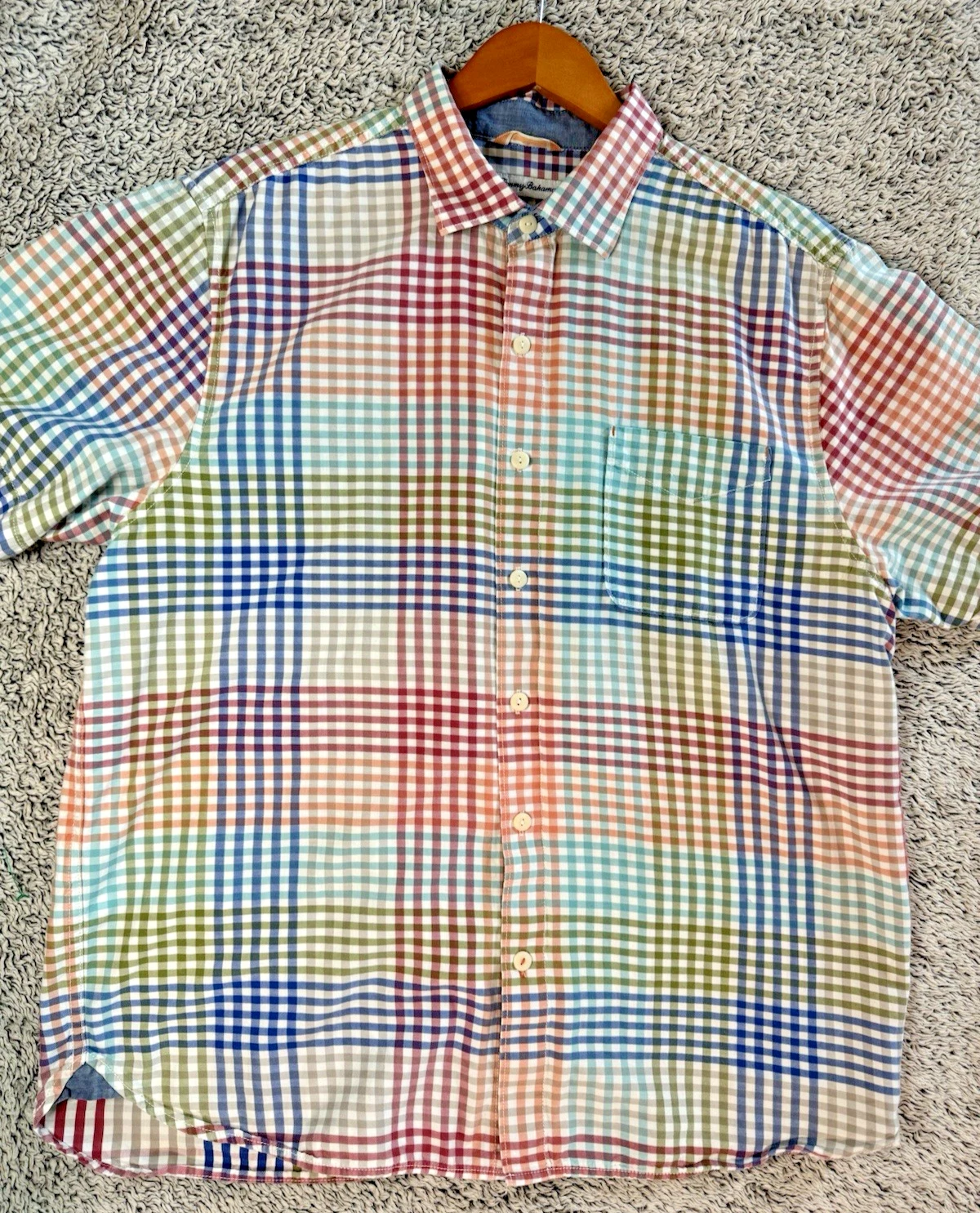 Tommy Bahama Button Front Shirt Large Multicolor Plaid Short Sleeve Cotton