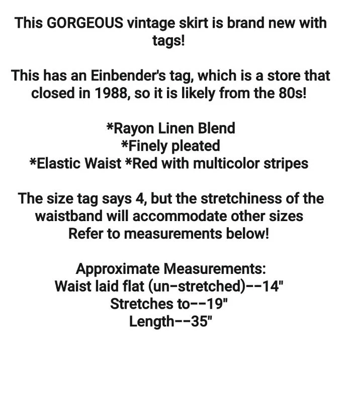 Maxi Falda Breckenridge Vintage Años 80 M Escoba Plisada Roja Rayas Rayón Lino Nueva con Etiquetas  Foto 2 de 4