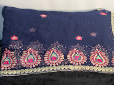 Indian Embroidered Dupatta / Scarf Navy Blue Pink Gold Floral 80 x 32