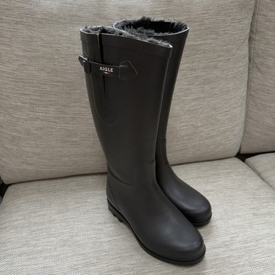 Damen-Gummistiefel Aigle Aiglentine schwarz mit Fell gefüttert   UK-Größe 5 EU38