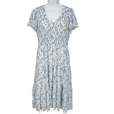 Perch by Blu Pepper Smocked V Neck Flutter Sleeve Midi Dress Blue Floral 3X