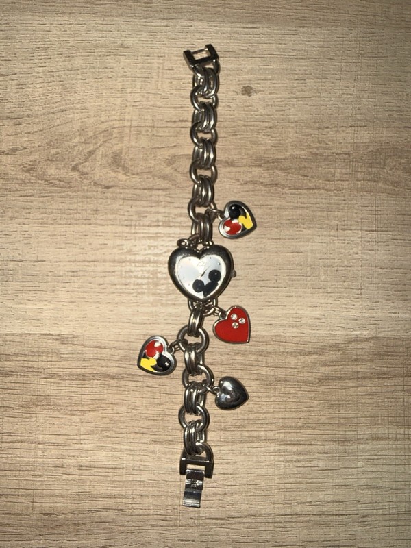 Disney Mickey Mouse Heart Charm Bracelet Watch Silver Tone, Disney Franchise
