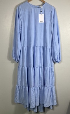 MONKI Zam Dress Light Blue Midi Round Neckline Ruffled Hem Size Medium NWT