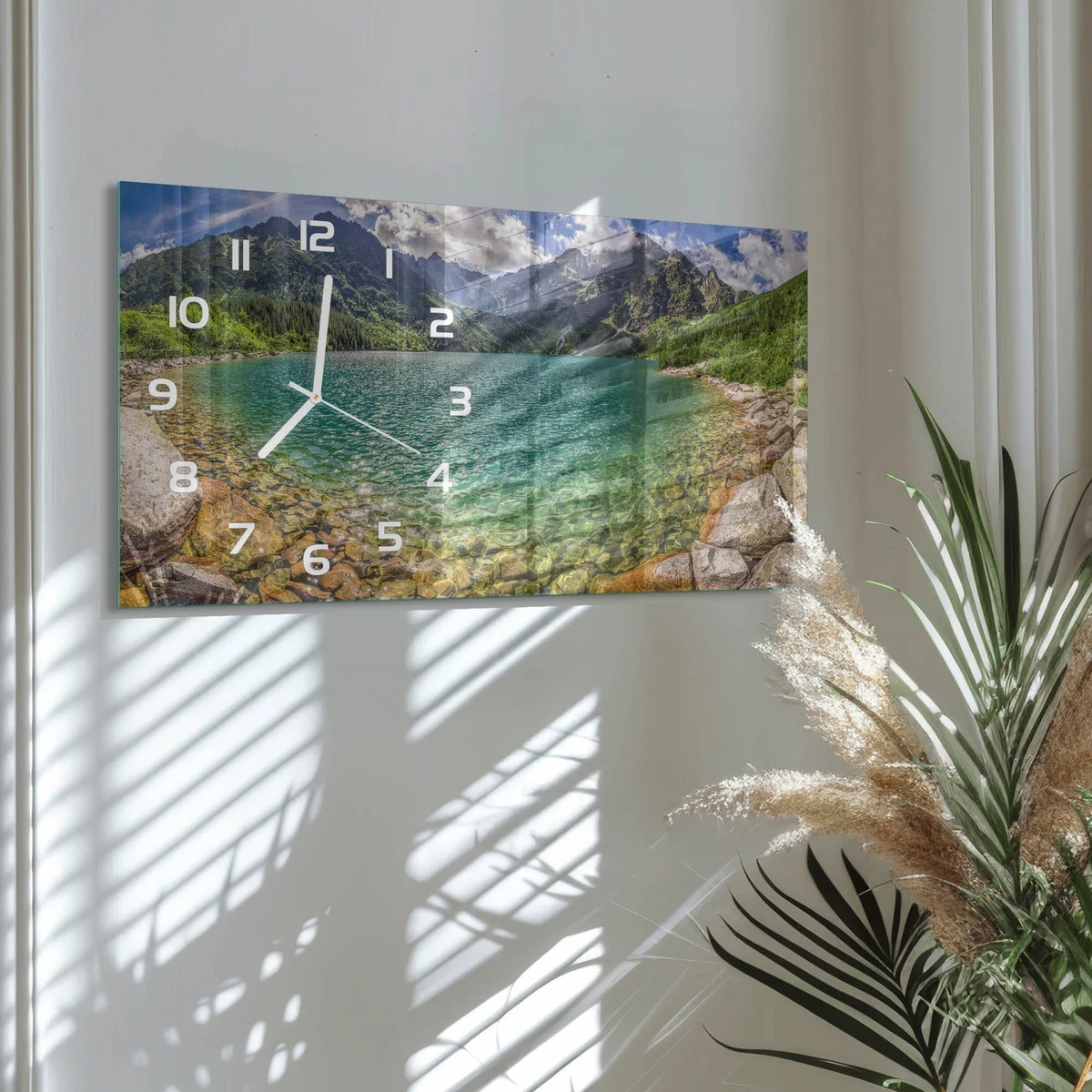 Reloj de Pared Rectangular Vidrio Templado Premium Lago en las Montañas 60x30 cm