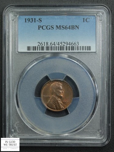 1931 S Lincoln Wheat Copper Cent 1C PCGS MS 64 BN