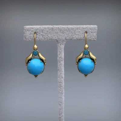 Boucles d'oreilles Dormeuses Doré Serti CZ Bleu Rond en Verre Turquoise Bleu SB9 - Photo 1/4