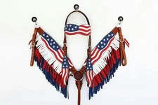 Leather Headstall & Breast Collar Western Horse Tack Set  Handcrafted USA Flag